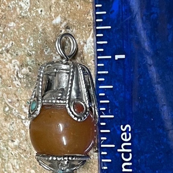 VINTAGE STERING SILVER PENDANT BUTTERSCOTCH JASPER LANTERN SHAPE GEMSTONE TRIM - Picture 3 of 5